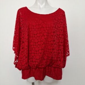 Valerie Stevens Romantic Feminine Red Lace Statement Wide Sleeve Blouse Size 2X